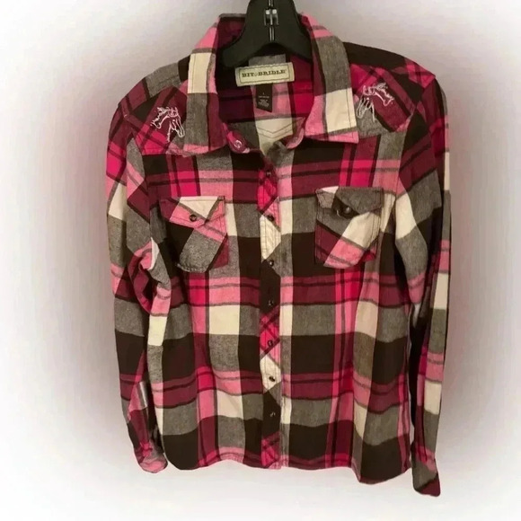 Bit & Bridle women’s snap down plaid shirt pink, brown & white size large - Picture 1 of 10